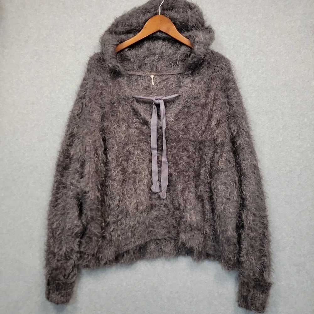FREE PEOPLE Light As A Feather Gray‎ Hoodie Sweater Oversized Boho Cozy Sz Small